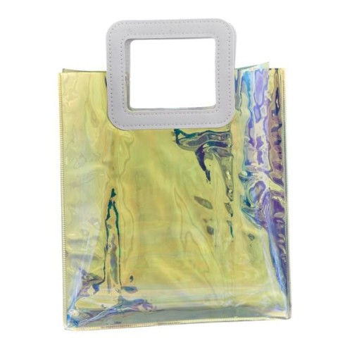 BUSTA PVC IRIDESCENTE CON MANICO DI PELLE H27X25X13